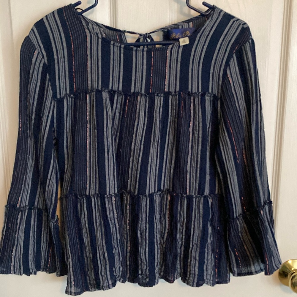 Blue Rain Blue and White Bell Sleeve Blouse with Ruffled Tiered Design